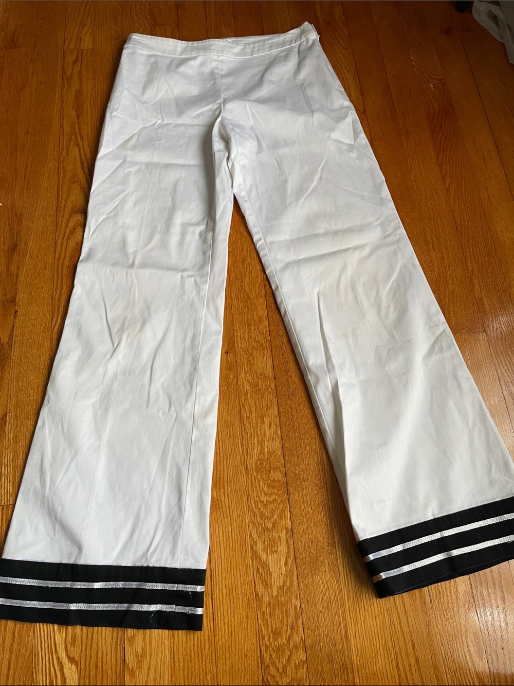 Cache White Boot-Cut Pants with Black & Silver Hem Stripes